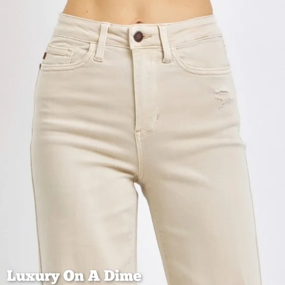 High Rise Mom Jeans Distressed Torn Knee Wide Leg Cream Denim Pants Judy Blue - Picture 5 of 14